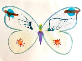 whimsical illustration of white butterfly with paint splatters and other markings