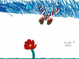 illustration of striped butterfly flying above a flower